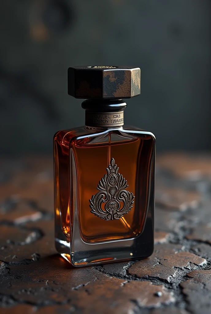 a realistic perfume bottle with Hades logo with a unique design in several different positions and angles as if it were in a magazine. create a background scenario.