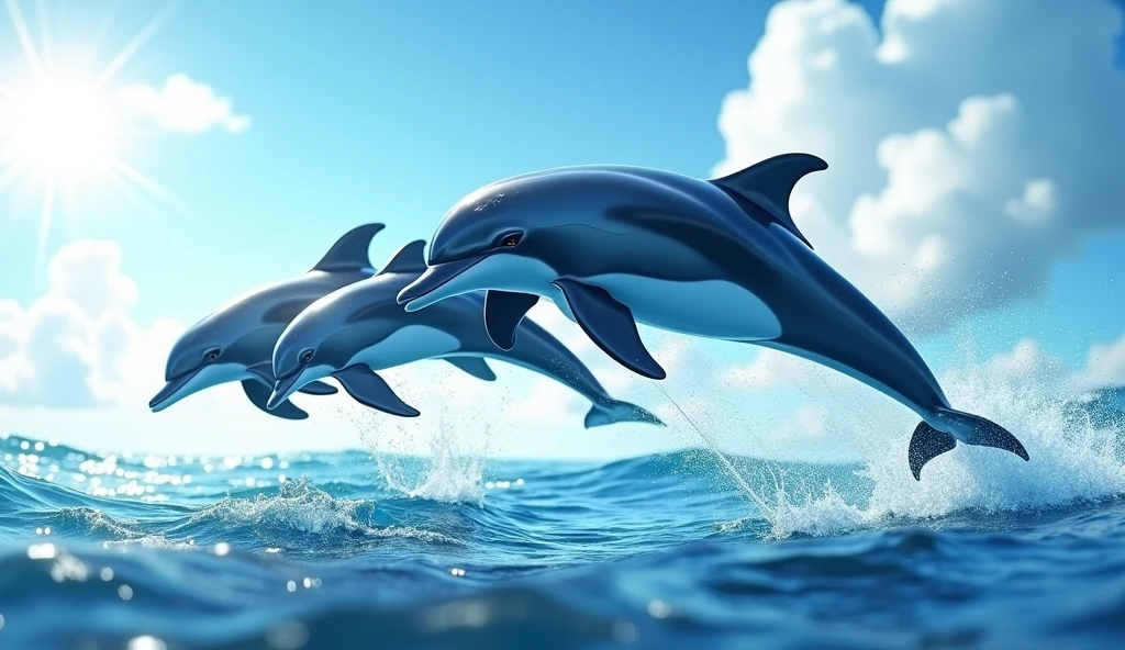 Show dolphins leaping energetically above the ocean's surface, catching the sunlight as they arc gracefully through the air. Their sleek, streamlined bodies should be depicted in mid-air, with water droplets sparkling around them. Use bright, dynamic colors to capture their playful, lively spirit.