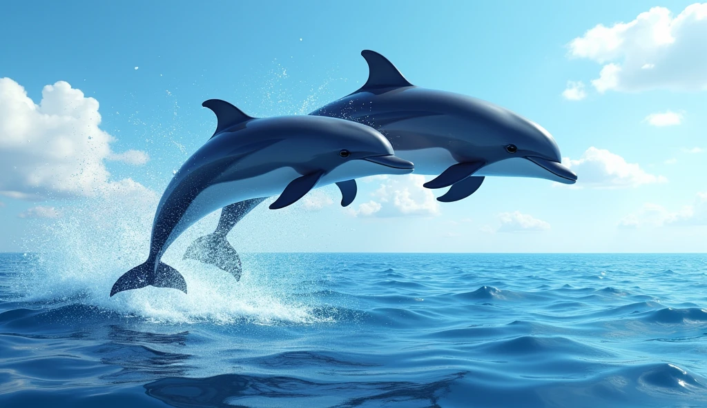Show dolphins leaping energetically above the ocean's surface, catching the sunlight as they arc gracefully through the air. Their sleek, streamlined bodies should be depicted in mid-air, with water droplets sparkling around them. Use bright, dynamic colors to capture their playful, lively spirit.