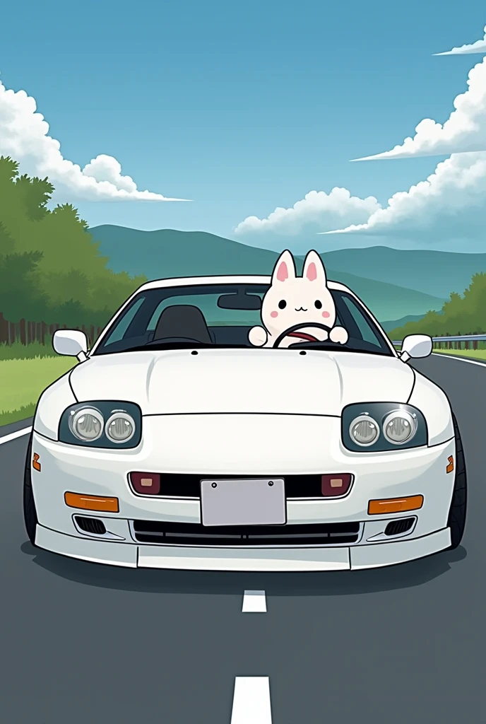 Sanrio's character, Kuromi, driving a white Toyota Supra MK3 from 1986 (not a supra mk4)