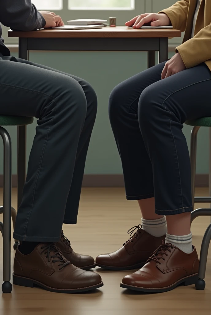 Could create an image of two people sitting side by side in a chair? Showing only their feet and the table in a classroom, without showing the faces