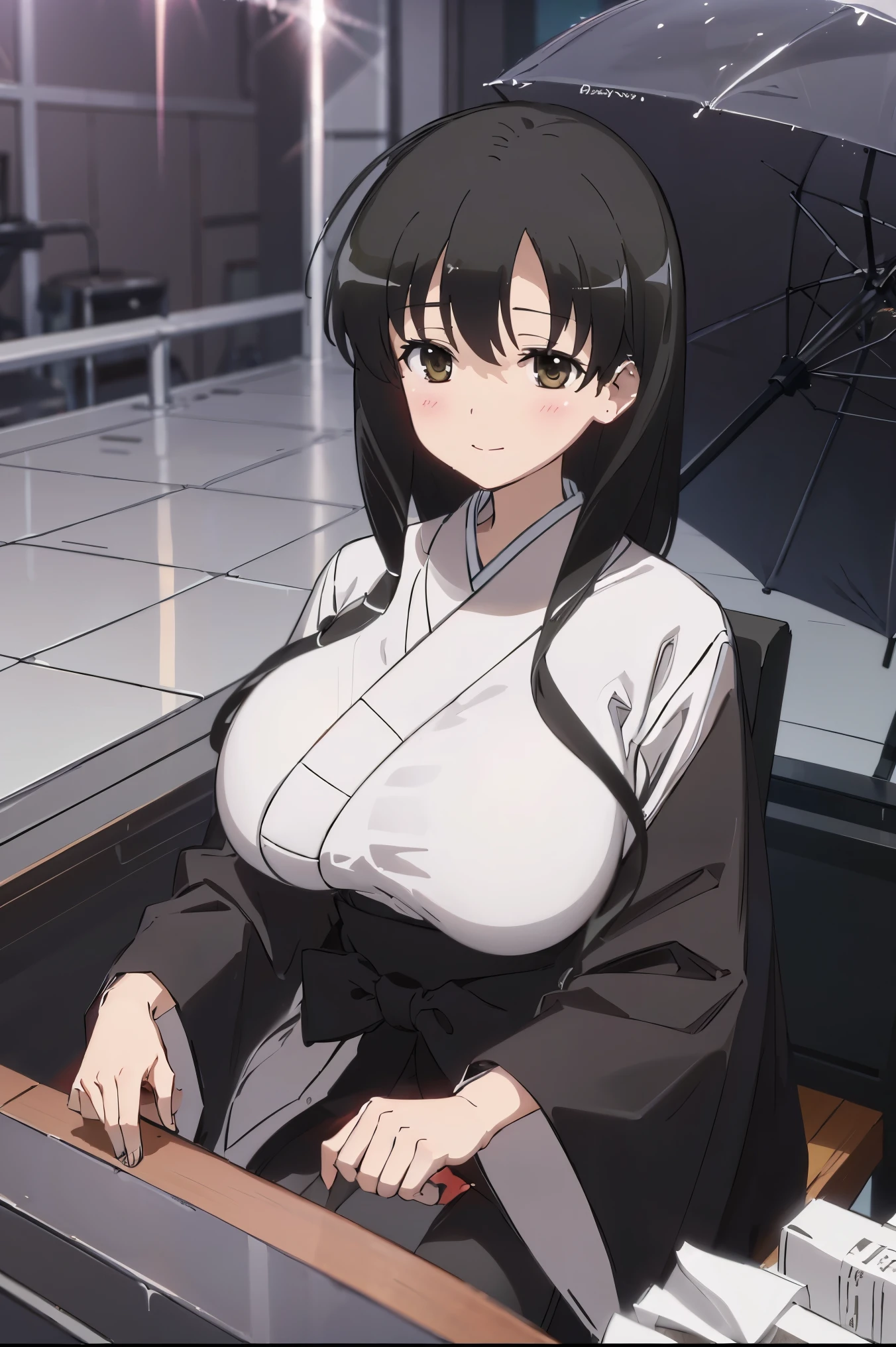 huge breast, busty, slim waist, kimono, black eyes, black hair, hairpin, siide bangs, smile, rainny days, gloomy days, wet skin, wet uniform