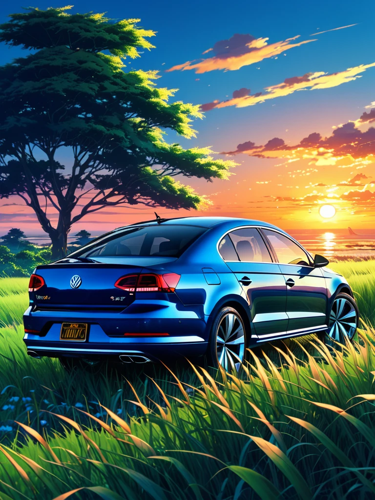 anime landscape of A pearl super dark sea blue classic Volkswagen Passat CC sport sits in a field of tall grass with a sunset in the background.beautiful anime scene, beautiful anime peace scene, Makoto Shinkai Cyril Rolando, beautiful anime scene, amazing wallpaper, anime art wallpaper 8k, anime background, artistic anime background, anime wallpaper 4k, anime art 4k wallpaper, anime wallpaper art 4k, dinossauro