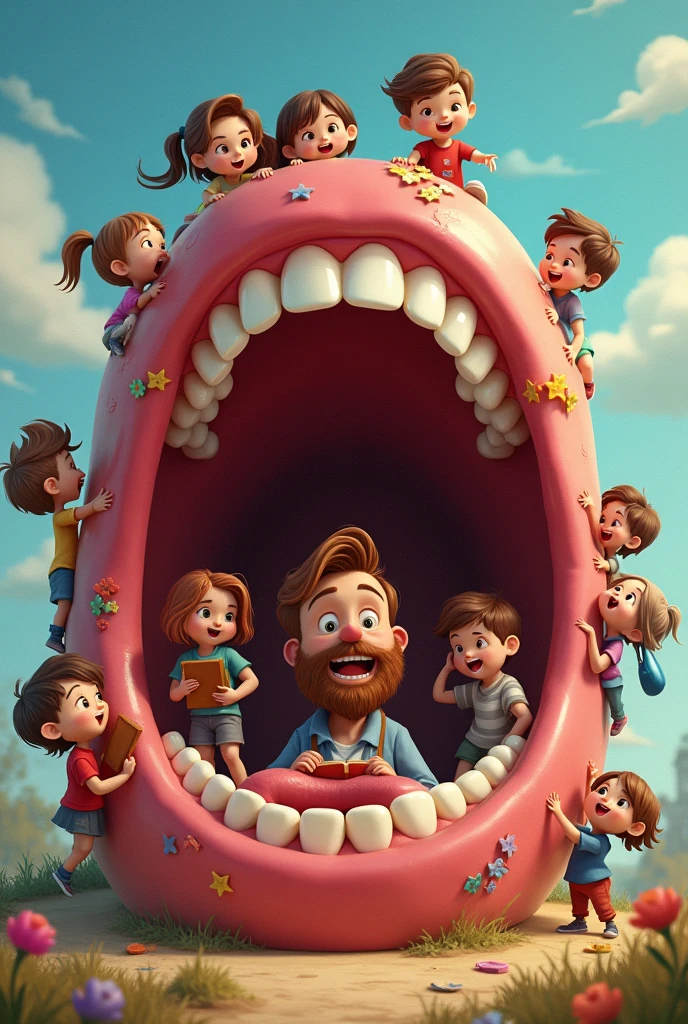 Young bearded teacher with students inside his mouth interacting with their parts in cartoon