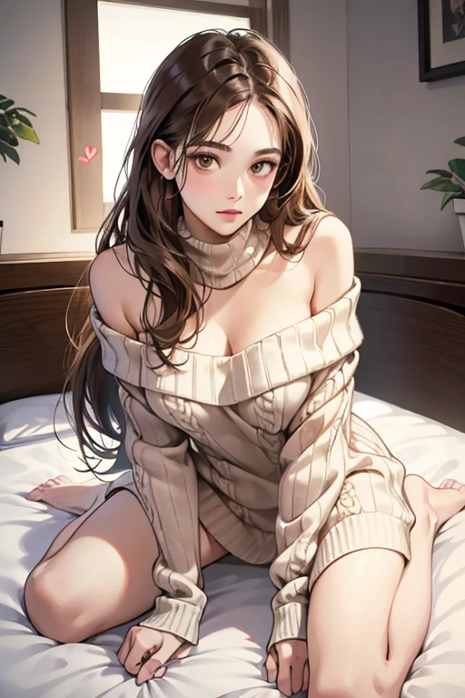 (Tabletop, Digital Art, Digital Illustration, 4K, 8k, Very detailed, Beautiful images, Clear images, Realistic, RAW Photos, Perfect Face, Perfect Lines, Perfect Eyes, Soft lighting) , masterpiece, Highest quality, 1 girl, solo, Large Breasts, Brown Hair, Half Up , Brown eyes, (shy, Leaning forward,Virgin Killer Sweater),White sweater,Off the shoulder,Back cutout,barefoot,Heart Cutout, On the bed , bed sheet ,Normal position