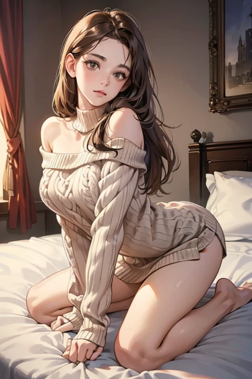 (Tabletop, Digital Art, Digital Illustration, 4K, 8k, Very detailed, Beautiful images, Clear images, Realistic, RAW Photos, Perfect Face, Perfect Lines, Perfect Eyes, Soft lighting) , masterpiece, Highest quality, 1 girl, solo, Large Breasts, Brown Hair, Half Up , Brown eyes, (shy, Leaning forward,Virgin Killer Sweater),White sweater,Off the shoulder,Back cutout,barefoot,Heart Cutout, On the bed , bed sheet ,Normal position