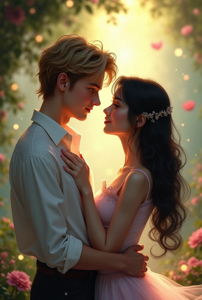 fantasy couple, young man light brown hair blue eyes, young woman black hair 
