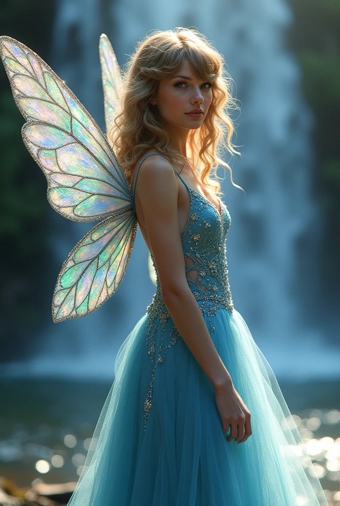Taylor Swift as a fairy with curly hair, in a blue dress and sparkly wings next to a waterfall