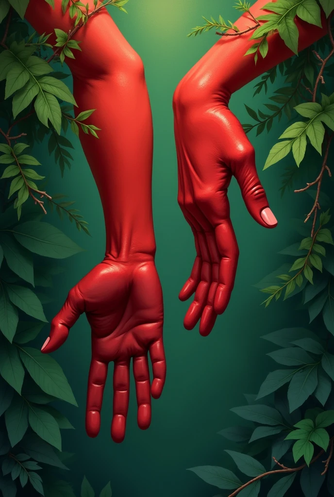 Two red hand trying to reach eachother one from upside and other from bottom in a green background with leafy shades of same colour
