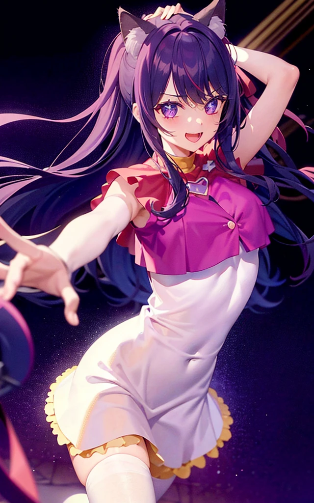1girll,((There is a five-pointed star in the eye))Gorgeous Hair in Long Purple,Smile,Open mouth,Inches,Unfasten the buttons,nedium breasts,Blushlush,Cat ears,Classroom,classroom desk,all fours,white stockings,((Be red in the face))Tongue stock