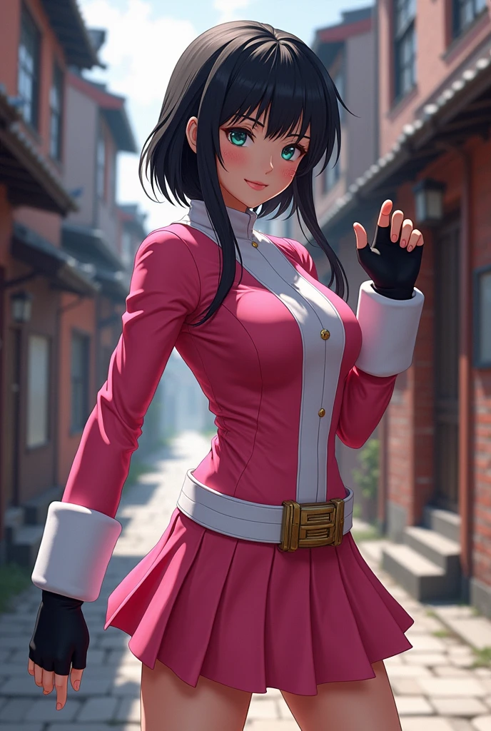 Special Effects Heroine　Pink Ranger before transformation　Fighting Pose　mini skirt　Japanese　uniform　Back alleys of slums　black fingerless gloves　Anime illustration, Realistic, oil