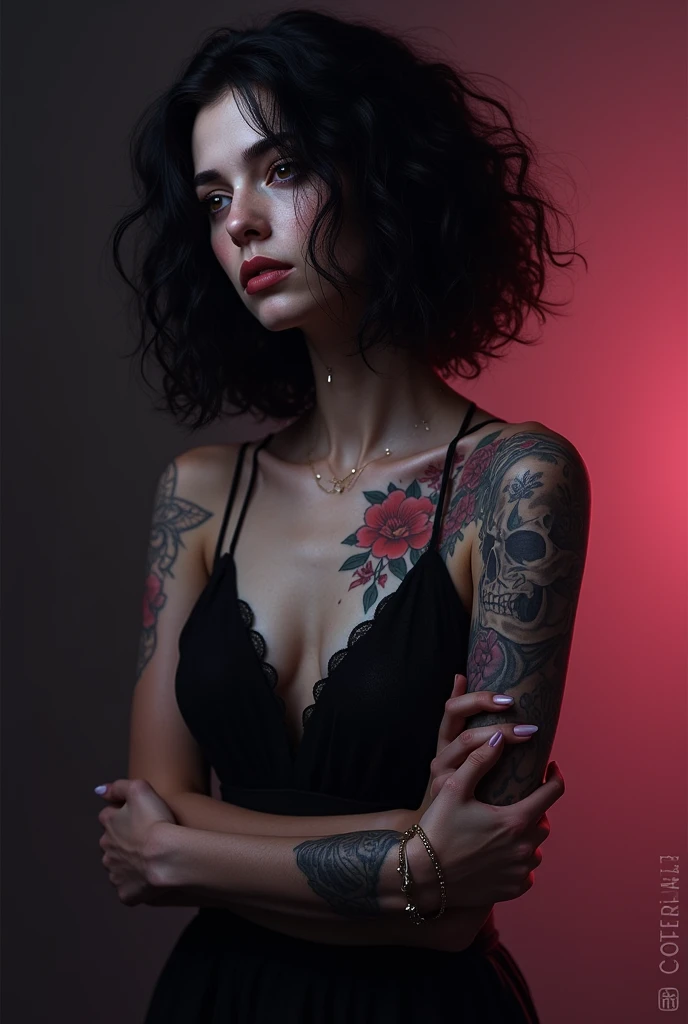 An image of a woman with shoulder length curly black hair with flower tattoos on her shoulder, tall and slim, sad, 35 years old, thinking about an impossible love missing it, with piercing in the nose and mouth, with a skull tattoo on the right forearm and a tattoo bracelet on the left wrist with a black background with pink warm lights