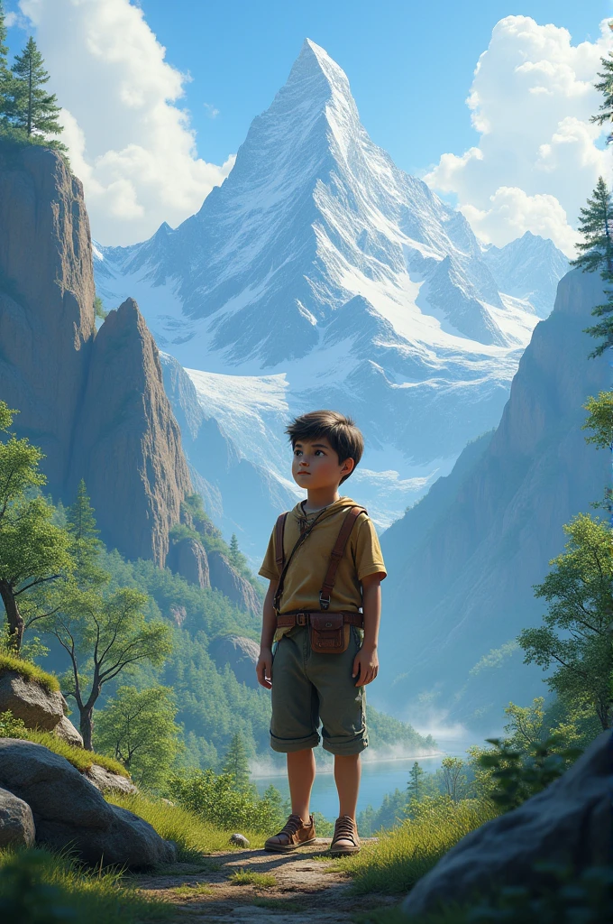A boy realistic stand in mountain and surrounded by natural beauty 4k