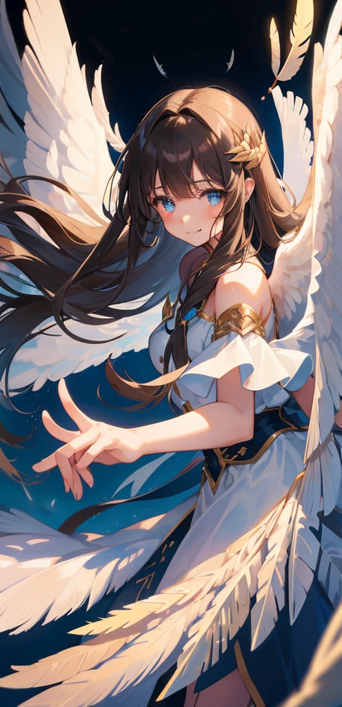 1girl, long hair, brown hair, solo, tender eyes, eye, hair ornament, blunt bangs, light blue spotlight shining down, feathers, angel wings, falling feathers, holding a feather in her fingers, mysterious, over the shoulder pose, black background, wind, smiling, zoomed out