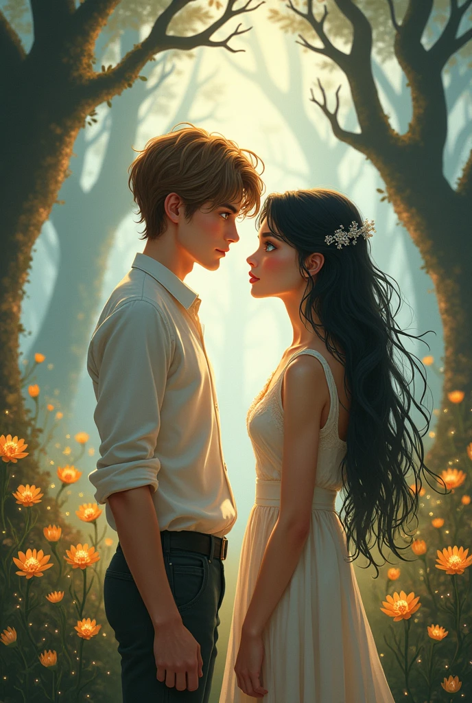fantasy couple, young man light brown hair blue eyes, young woman black hair, both facing each other 
