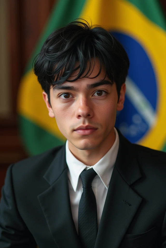 ((best quality)), ((masterpiece)), (detailed), perfect face, man, short black hair, white skin, , as president of Brazil, Sitting in the presidential chair, the Brazilian flag is in the background