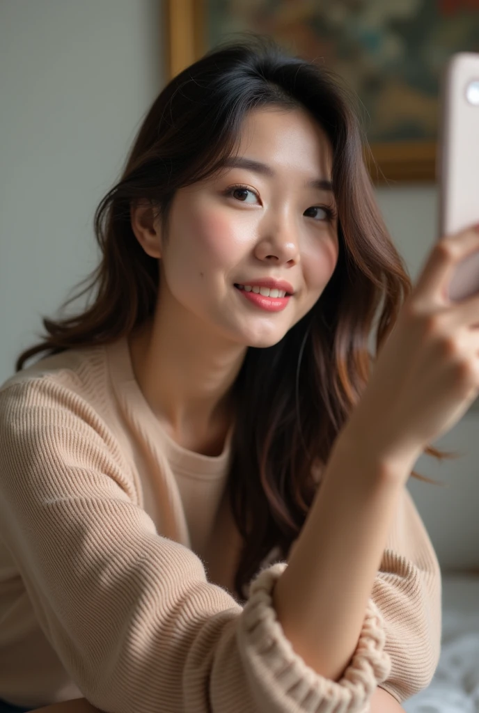 Selfie style photo. 24 year old Asian woman sitting on a chair