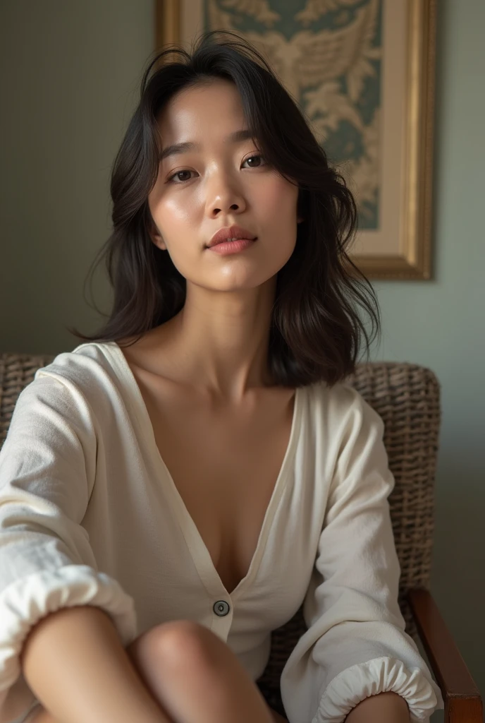 Selfie style photo. 24 year old Asian woman sitting on a chair