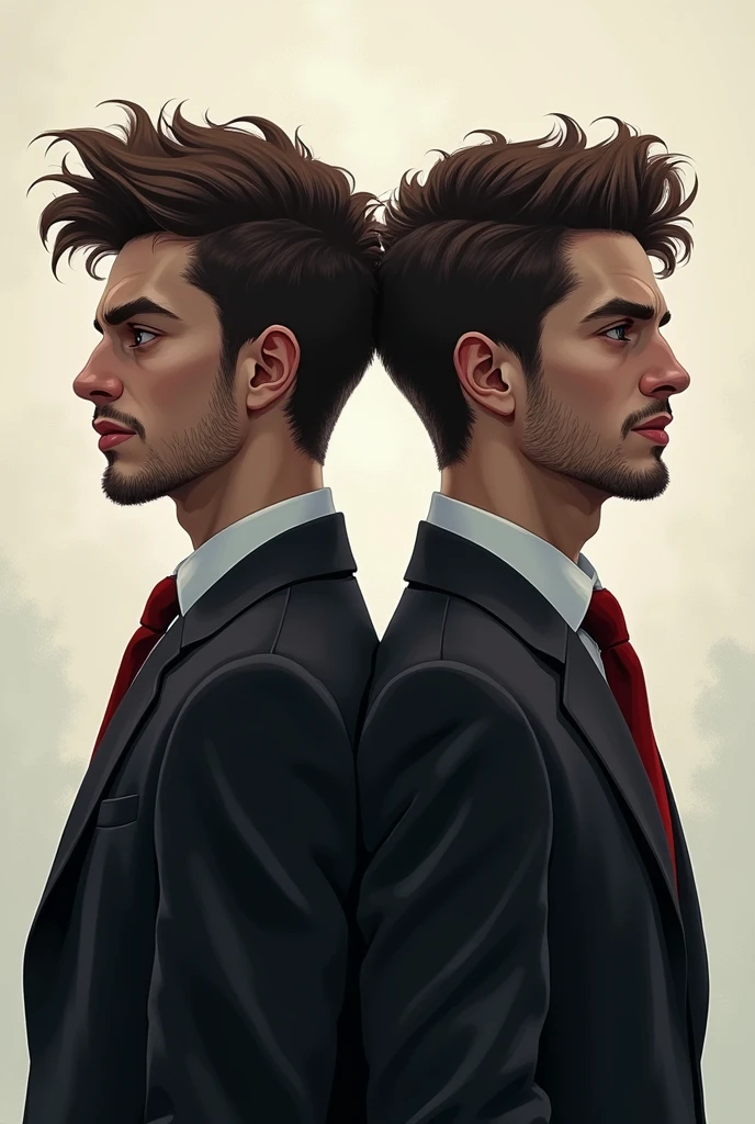 The twin men are back to back, their faces visible. One is thinking sinister thoughts while the other is smiling innocently. digital drawing
