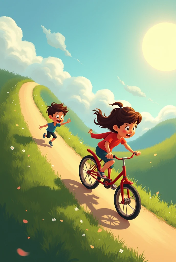 With a child running at high speed up a slope、The naughty mother desperately chases after him on a child&#39;s tricycle from behind.