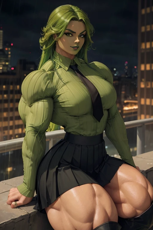 ((Close-up)), tall, (green hair) beautiful muscular woman, long curvy hair, light brown skinned, closed smile, (black lipstick), (massive muscles), (hyper muscle), (ginormous bulky muscles), orange eyes, ((long sleeve green pleated shirt)), ((long black pleated skirt)), (sitting on a ledge), necktie, boots, (on a raining rooftop), 