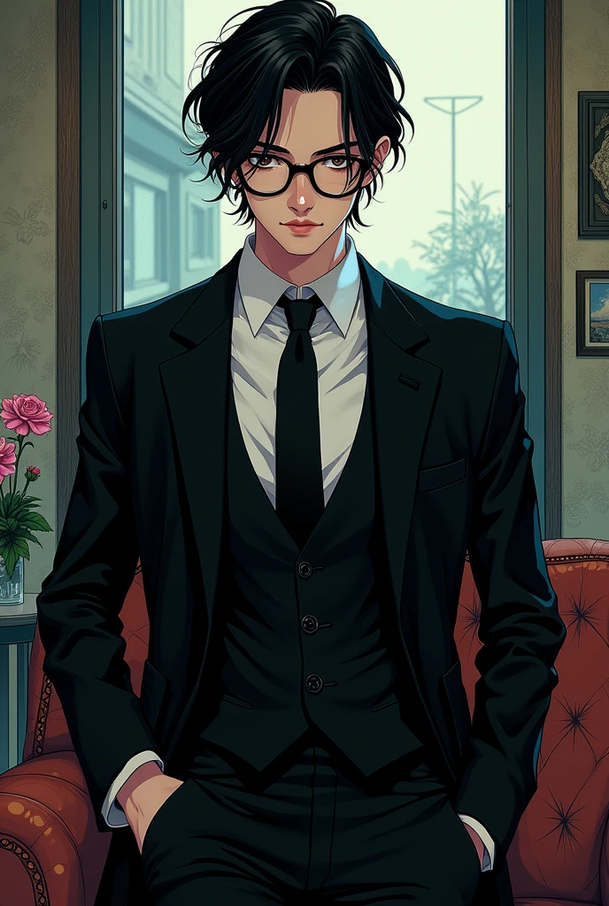 A men in his thirties, with middle part peppered hair, stoic and cold face, pairs of glasses and black eyes, in a beautiful suit, in the yaoi Jinx by Mingwa