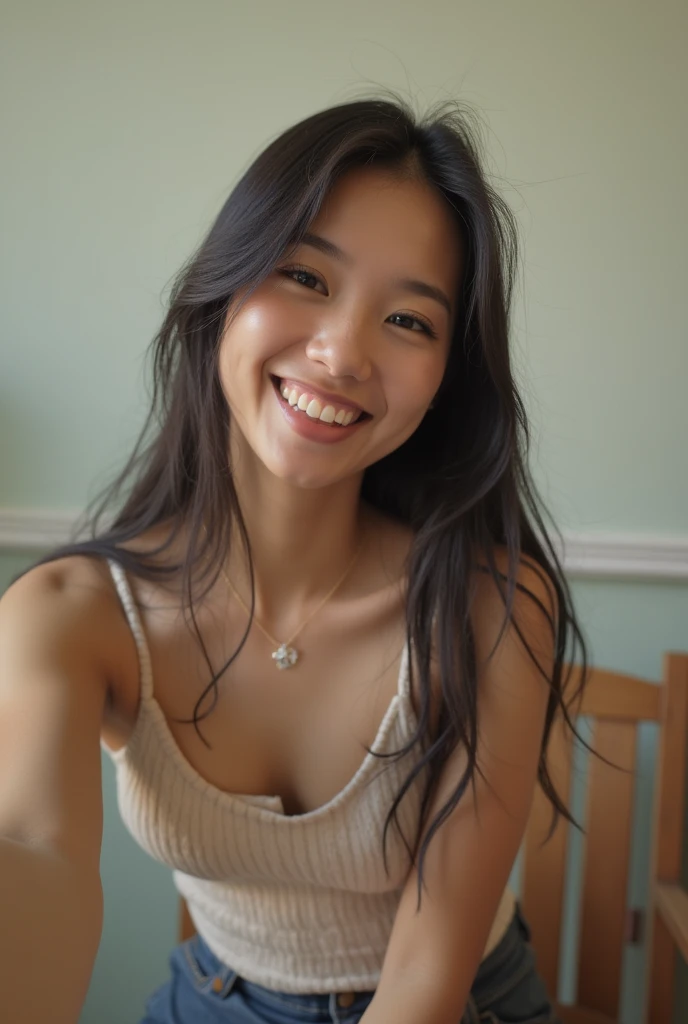 Selfie style photo. 20 year old Asian woman sitting on a chair