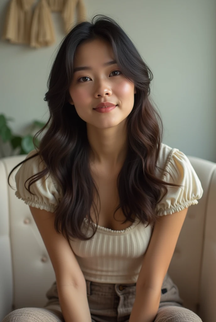 Selfie style photo. 20 year old Asian woman sitting on a chair
