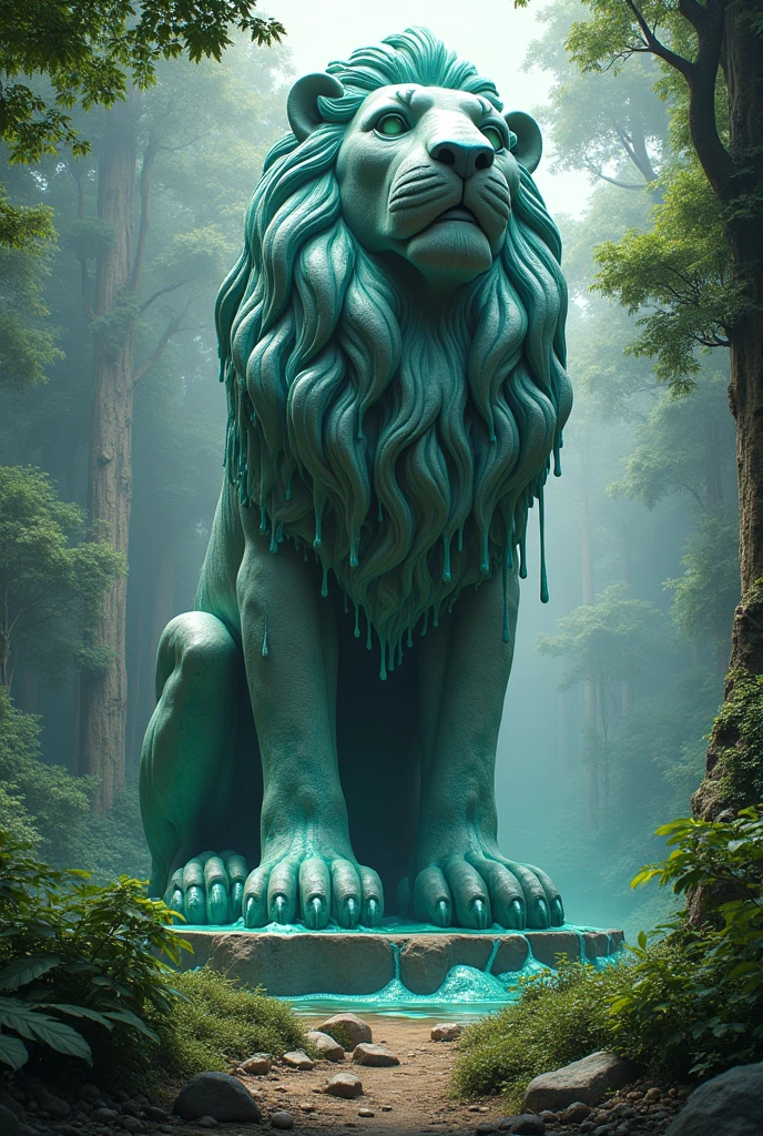 Giant Stone Statue Of A Lion With Slime, In a Beautiful and Realistic Forest