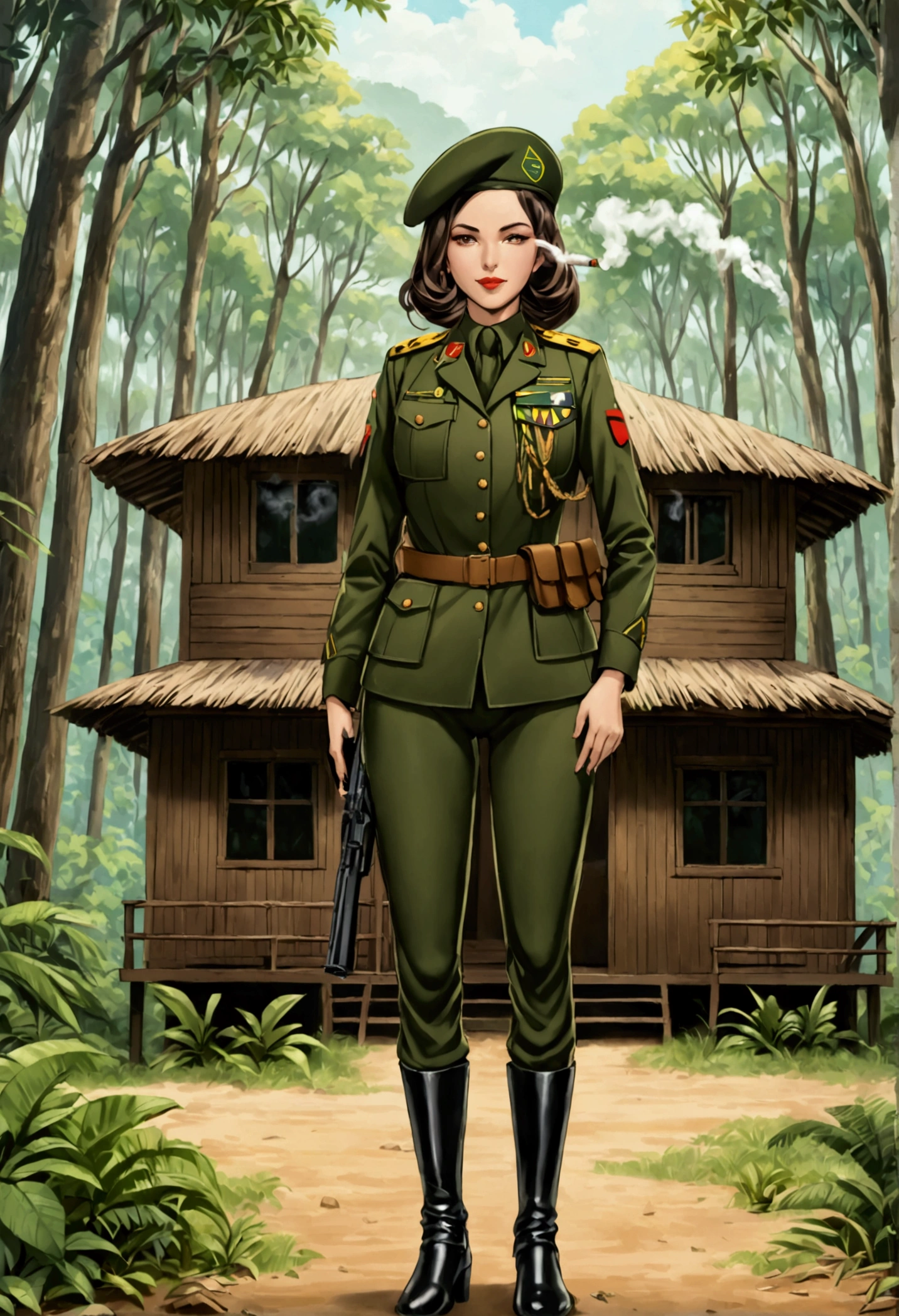 a woman in brazilian military uniform, cobra smoking, full body, holding a gun, forest background with some cabins, beret