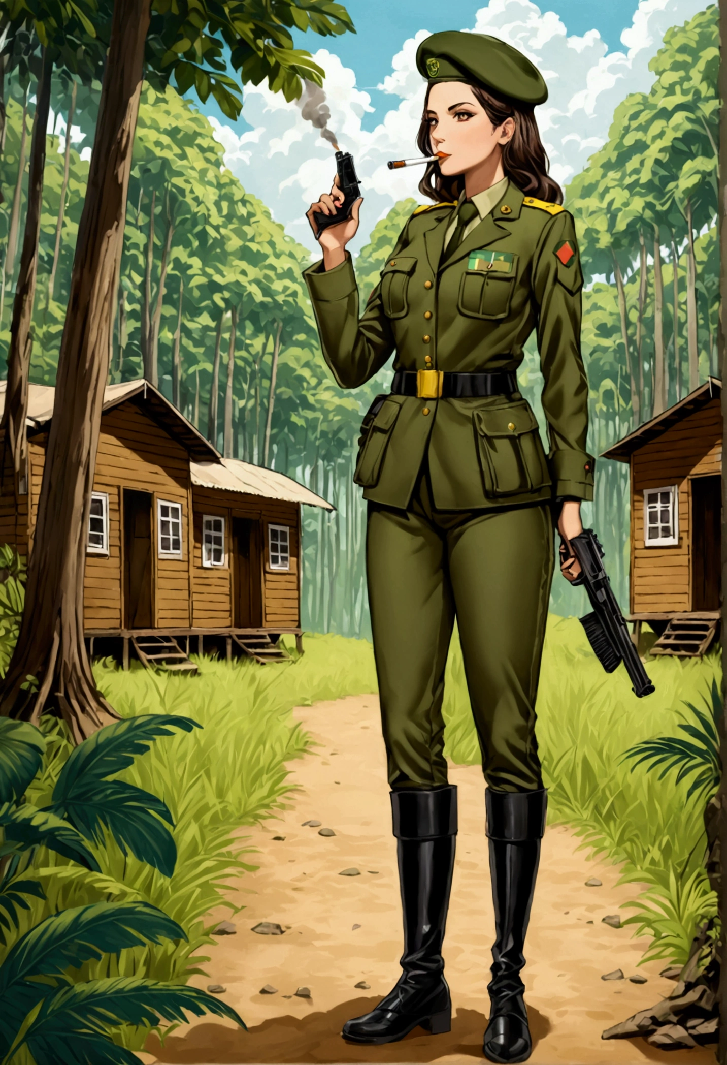 a woman in brazilian military uniform, cobra smoking, full body, holding a gun, forest background with some cabins, beret
