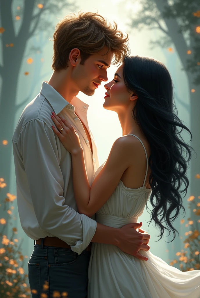 fantasy couple, young man light brown hair blue eyes, young woman black hair, hugged