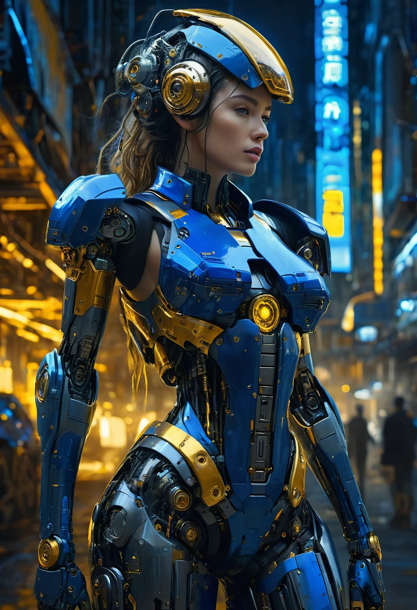 Cyborg woman full body mechanic parts exposed composed and made by dreamlike elements, mecha very detailed futuristic high technology, cyberpunk, artwork Jeremy Mann, at night, deep grey blue, royal blue, black blue and golden yellow, 4D, 8K, photorealistic, dreamlike, big and complex composition storytelling, masterpiece, Impressionism