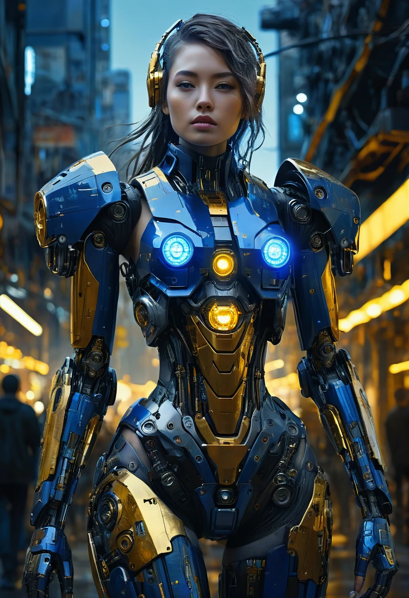 Cyborg woman full body mechanic parts exposed composed and made by dreamlike elements, mecha very detailed futuristic high technology, cyberpunk, artwork Jeremy Mann, at night, deep grey blue, royal blue, black blue and golden yellow, 4D, 8K, photorealistic, dreamlike, big and complex composition storytelling, masterpiece, Impressionism