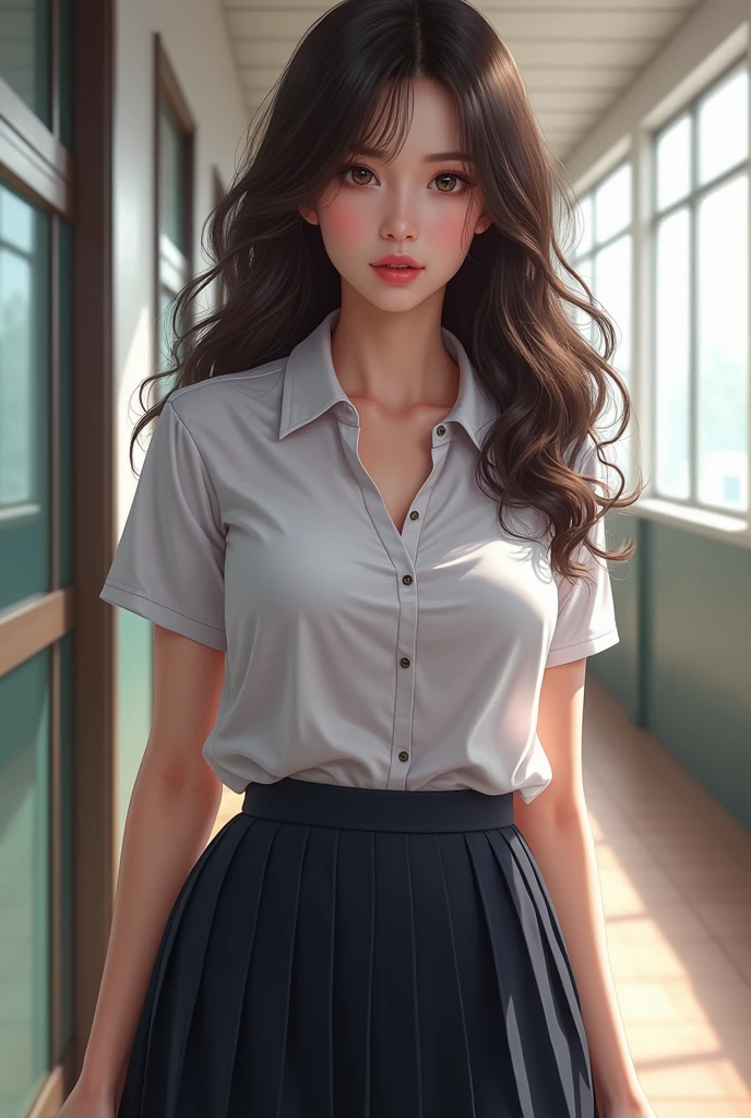 A realistic woman, that it is an 8/10, brunette and black hair, with moderately large breasts, dressed in a school uniform