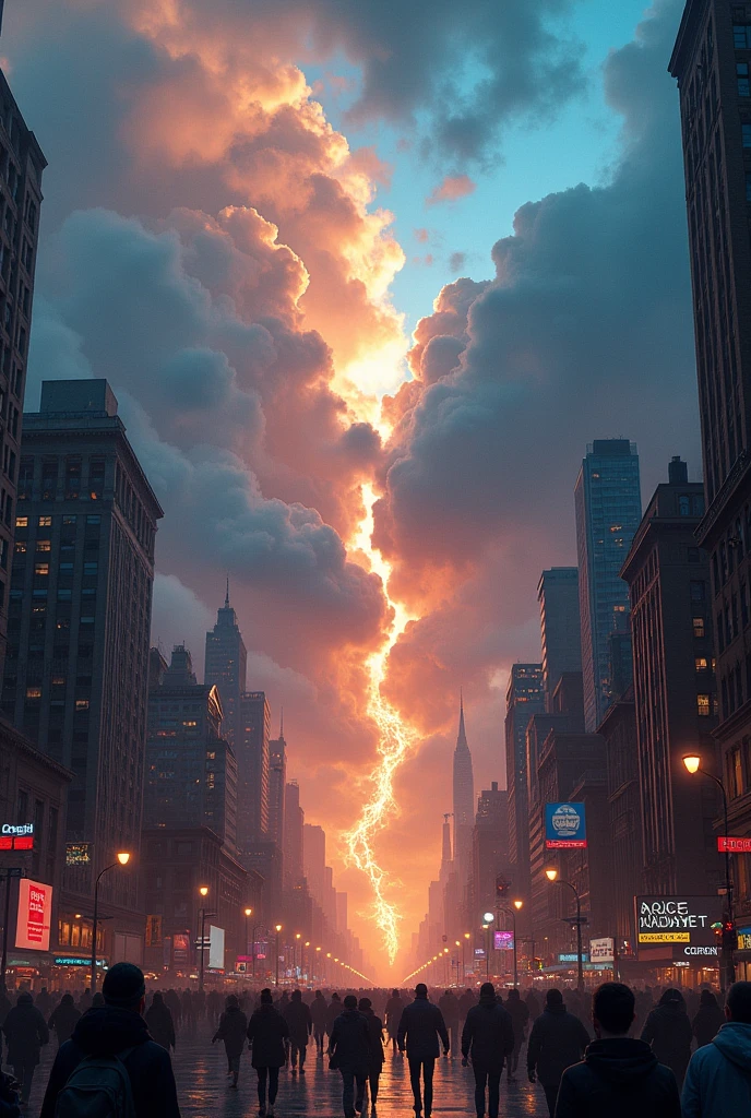 Big City New York,Broken Sky,Crack in the Sky,Overflowing Disaster々Good Angel,A sky like the end of the world,A lot of people,People running away with terrified faces々,Collapse of a high-rise building,Attacking Angel,Vibrant colors,