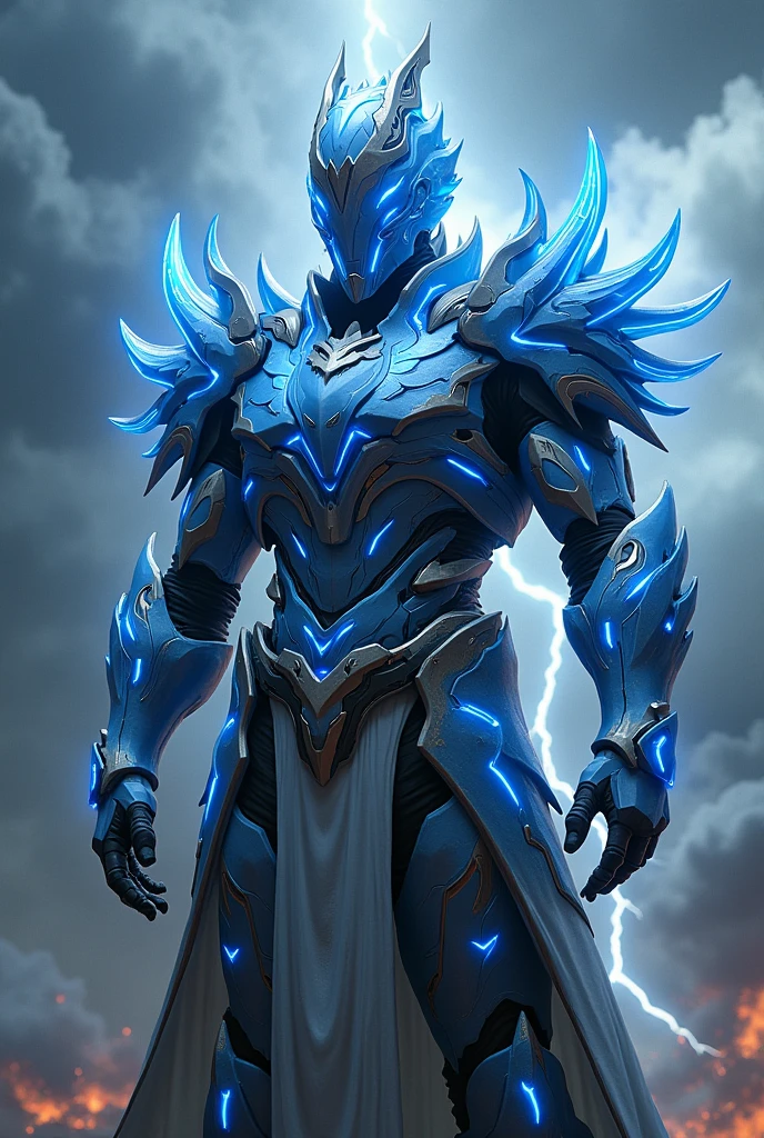 War general with white blue electrolyte dragon armour and thunder in background