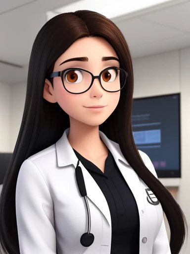 A 28 year old woman, long black hair, Round face, ssmile, and black eyes,Brunetette. wear glasses.wearing lab coat with stethoscope ,in hospital
