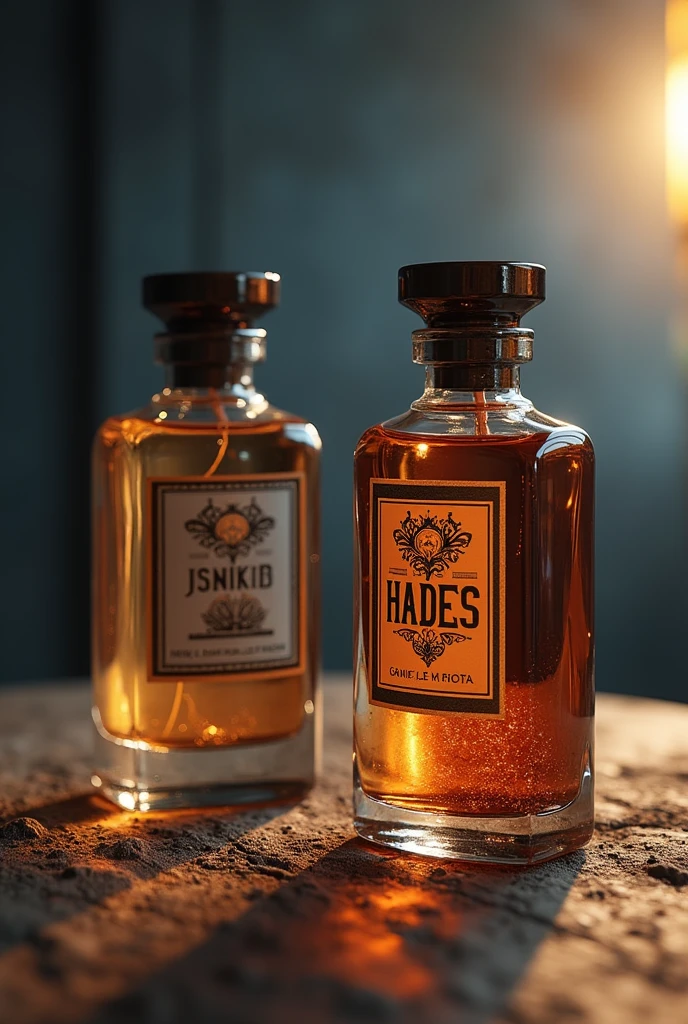 two realistic perfume bottles with Hades logo with a unique design in several different positions and angles as if in a magazine. create a background scenario.