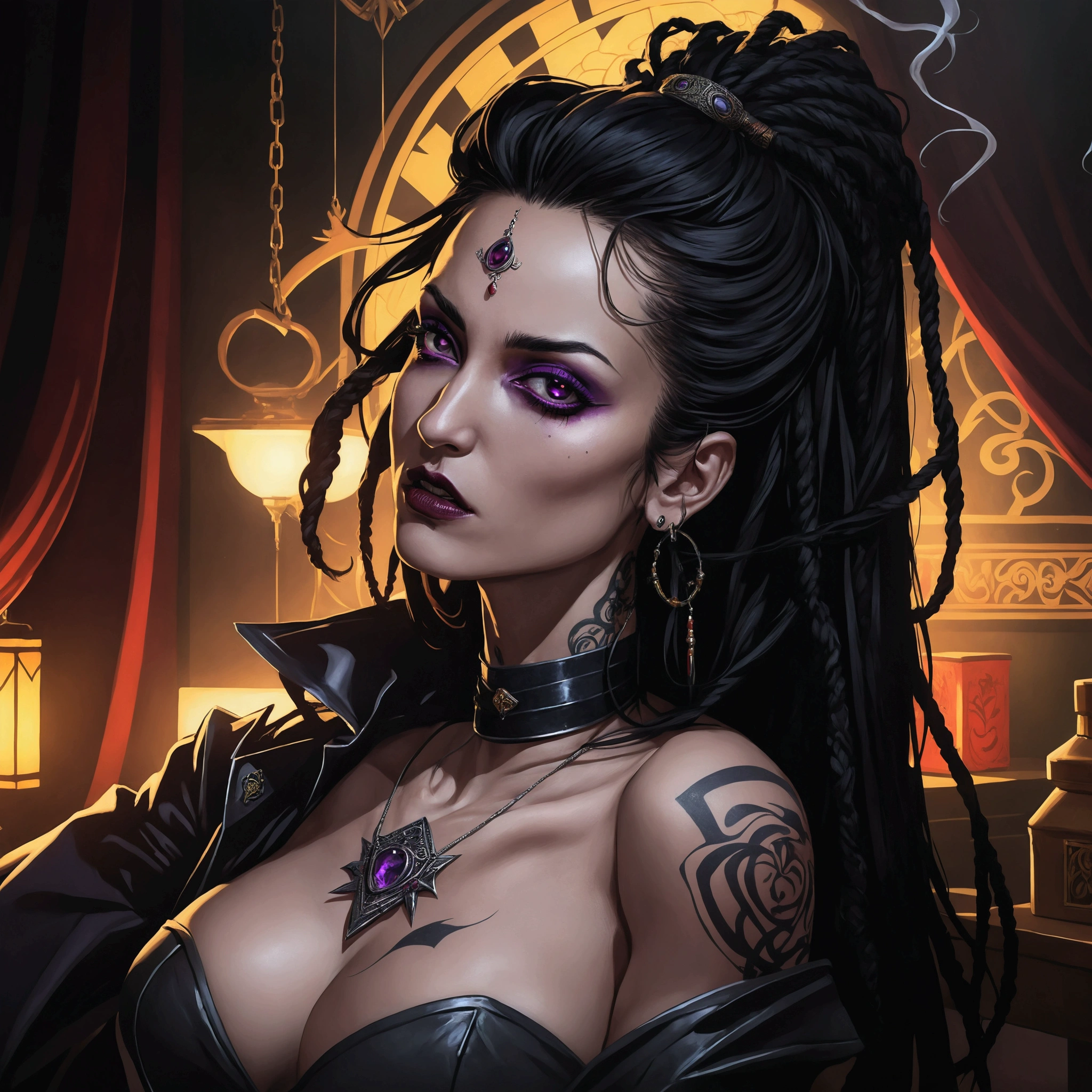 (extremely detailed 8k wallpaper), Vampire the Masquerade, modern horror, 2020s, grown woman, wearing punk gypsy clothes, sharp focus, (subsurface scattering:1.1), award-winning photography, centered face, Maggie Q's face, ((vampire Ravnos)), Sabbat's vampire, ((long Rastafarian black hair)), supernatural purple eyes, heavily tattooed skin, cigarette smoking, serious expression, Gypsy tent interior, dramatic lighting