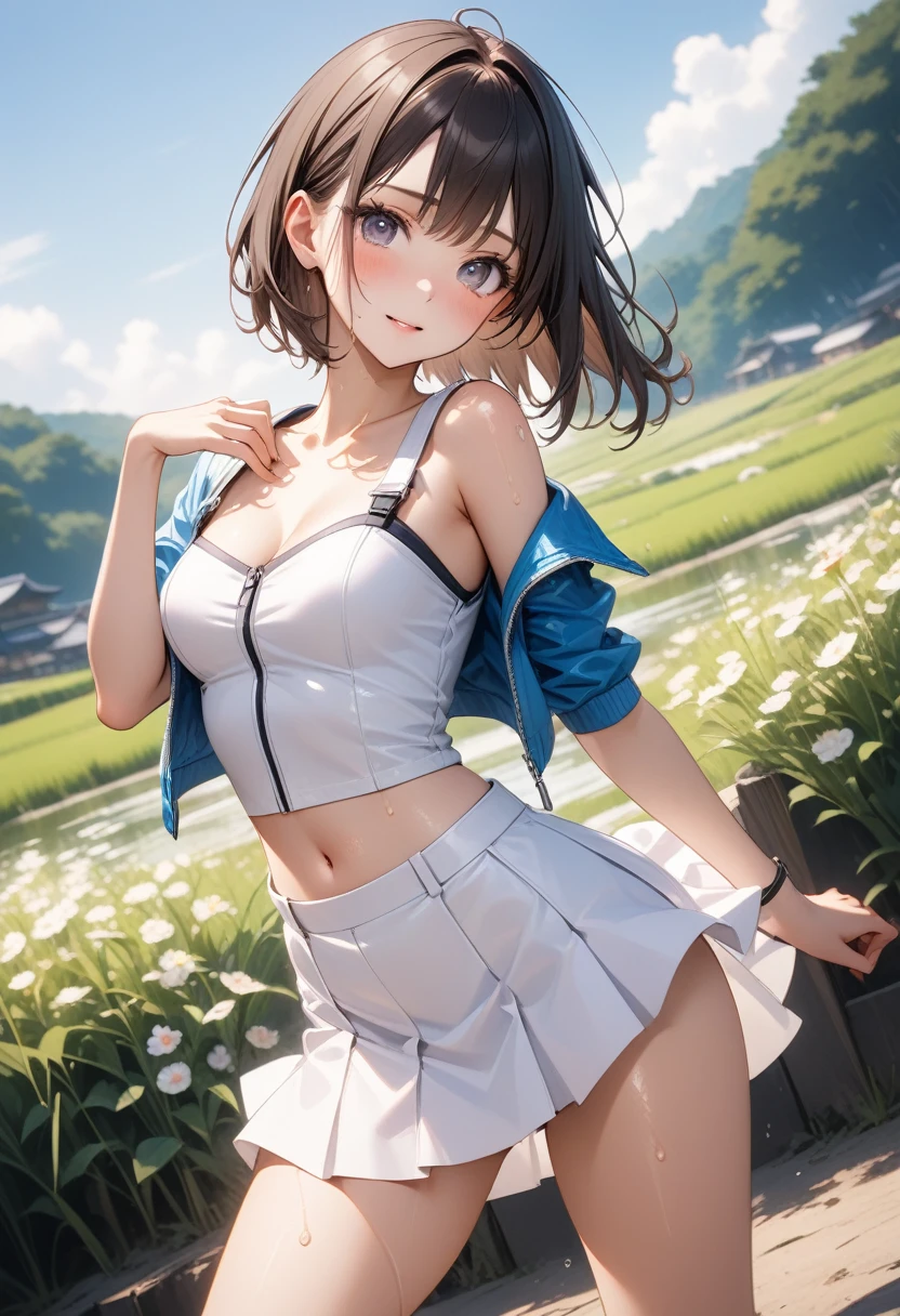 (A hot summer)), (((a hot summer outfit, skirt))), ((Shiny Costumes)), skindentation, skinny, solo, 1 woman, Masterpiece, highest quality, highest quality, 16K, incredibly absurd, highly detailed, 2.5D, ai-generated, delicate and dynamic, very delicate facial expressions, delicate eye depiction, erotic, only sexy woman, ((A cute and kind face)), healthy figure, ((25-year-old woman)), 160cm tall, medium firm swaying bust, blush, Sweat,Embarrassed,sexy, ((thin thighs)), (camel toe:0.7), (visible nipples:0.5), (Erect nipples,:0.7), shiny and lustrous, facing straight at viewer, (((in heat))), ((Oily_skin)), ((dutch angle)), ((erotic pose)), ((In the Japanese countryside, by the river, on a hot summer's afternoon,)),