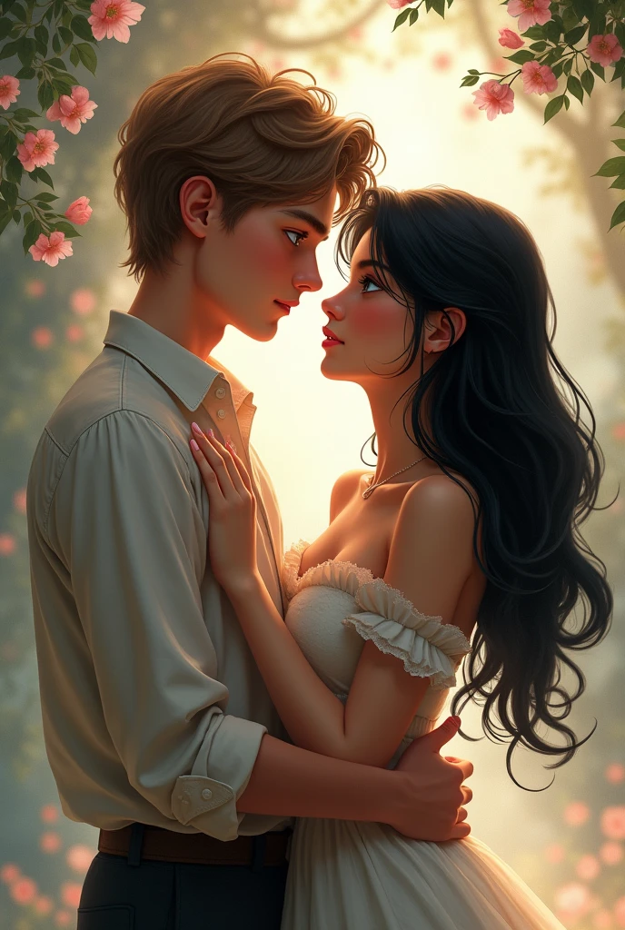 fantasy couple, young man light brown hair blue eyes, young woman black hair, hugging kissing
