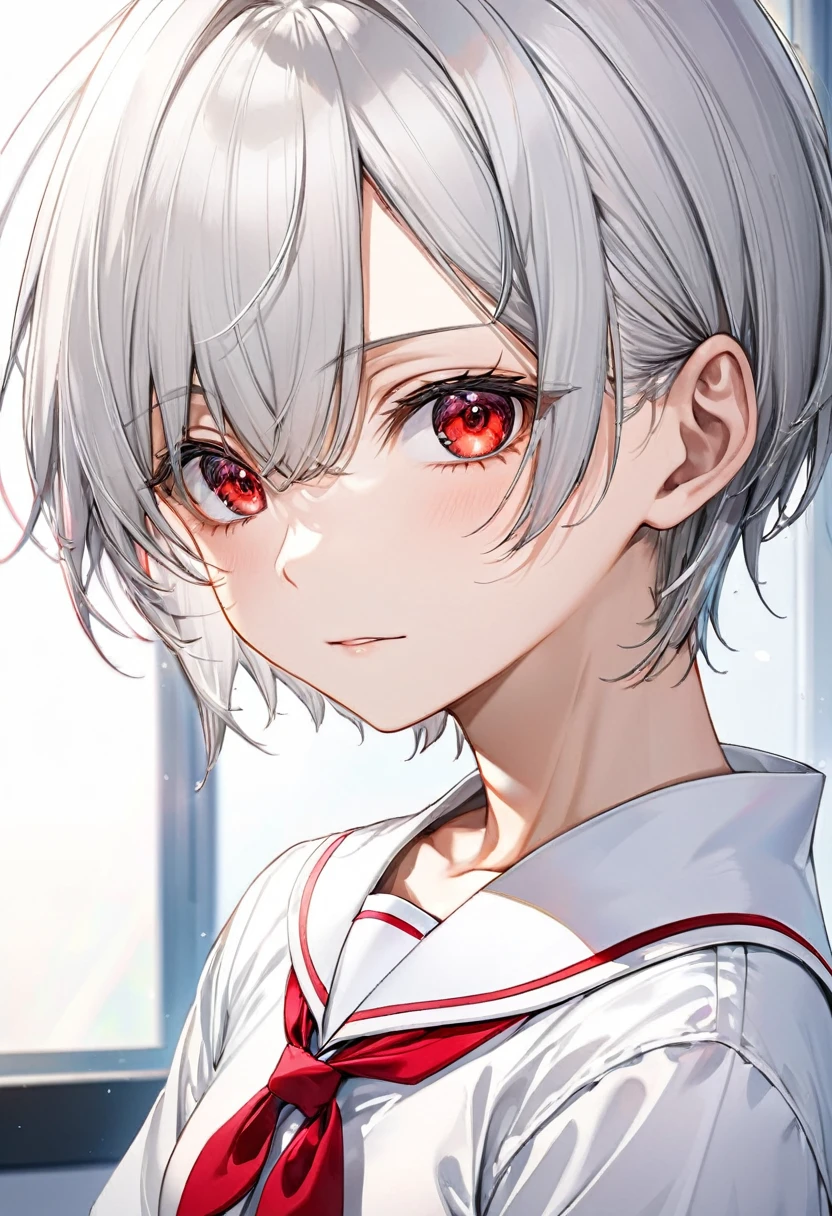 (school life style), (solo:2, 16 yo) (beautiful detailed crew cut) (best silver hair very short hair) (divine fighter boy) (detailed cool red eyes) (serious face), (in a detailed boy's white japanese high school uniform), break, in the school classroom, background white flash, BREAK, perfect anatomy, masterpiece, best quality, 16k, beautiful detailed grow, daydreaming expression.