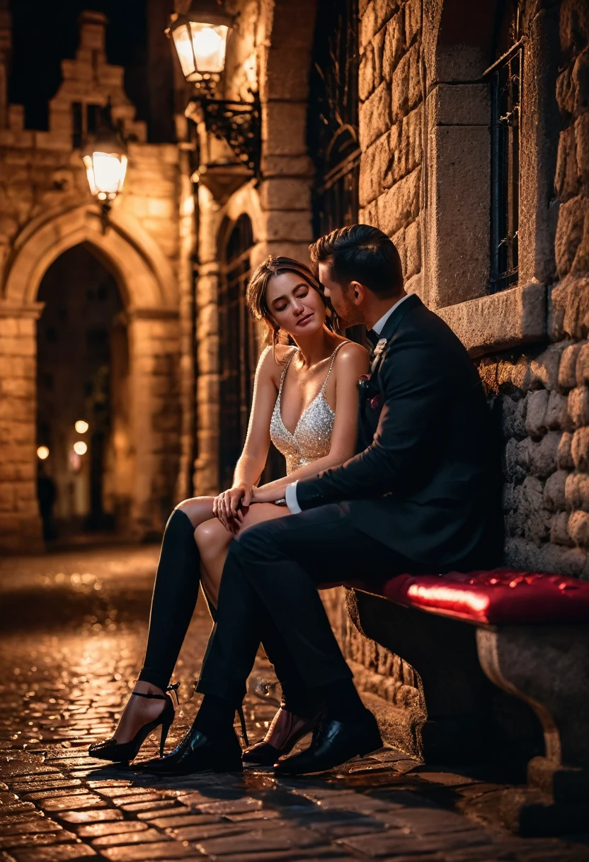 Intimate and high-quality photos oF (couple:1.2), sit down (bank:1.1), (Charming light:1.1), sexly, smitten, Exquisitely Detailed, (sweat:1.1) featuring (shiny drops:1.1), castle backgrounds, Sony Alpha 7R IV camera, digital photo, F/2.8 lens, Black red, , Lots of realistic textures, trends on social media, night light