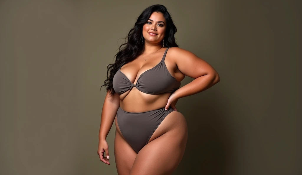 "A plus size model posing with confidence, challenging traditional beauty standards."