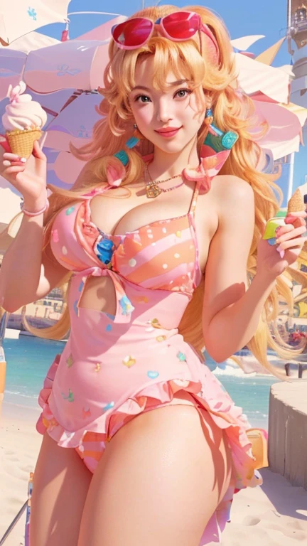 a close up of a girl in a bikini holding an ice cream cone, a human-like juicy peach, princess peach), lola bunny fanart, portrait of princess peach, extremely detailed artgerm, nami one piece, nami from one piece, from one piece, princess peach, cutesexyrobutts, marin kitagawa fanart, goddess of summer