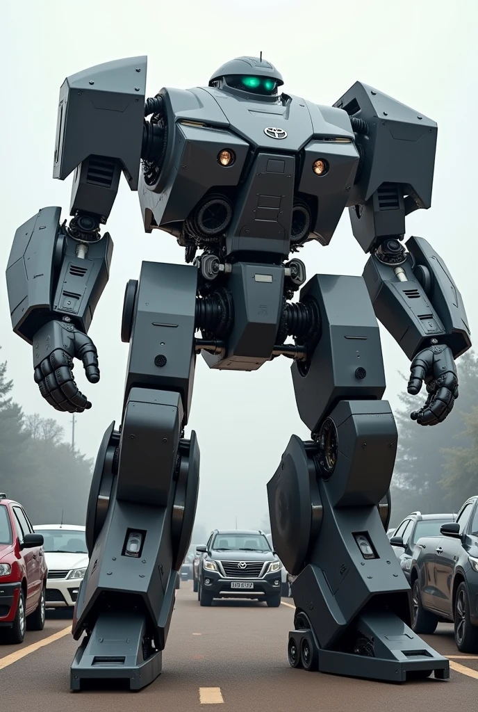 Create a robot from a Toyota Hilux, single cabin, color gris, that is big and intimidating, and that it has the Toyota logo and that in the background it has cars from lower brands .