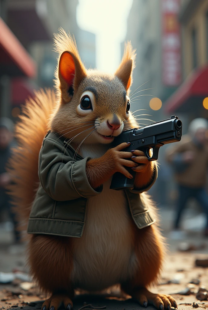 create a squirrel image for your instagram profile picture with it, and a gun in his hand in the midst of chaos in a city