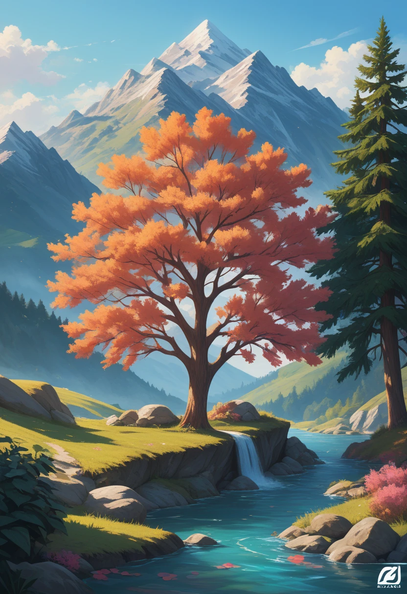 impressive painting of a mountain with trees and water, a detailed painting by Petros Afshar, shutterstock contest winner, environmental art, detailed painting, outlined art, 2d game art, isolated background for logo, strong contours, logo design