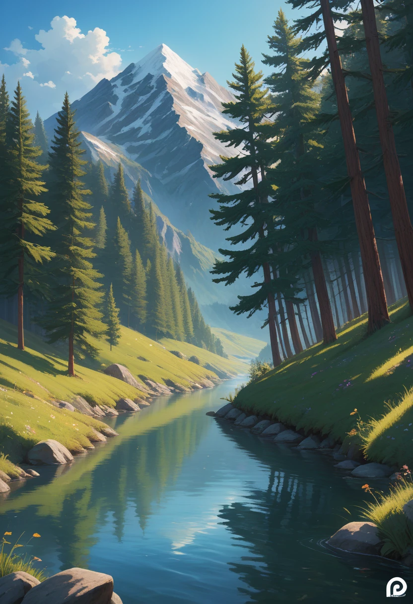 impressive painting of a mountain with trees and water, a detailed painting by Petros Afshar, shutterstock contest winner, environmental art, detailed painting, outlined art, 2d game art, isolated background for logo, strong contours, logo design
